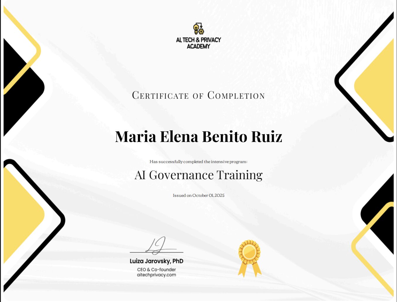 Certificate of Completion - AI Governance Training by Luiza Jarovsky PhD, issued to Maria Elena Benito Ruiz, October 2025