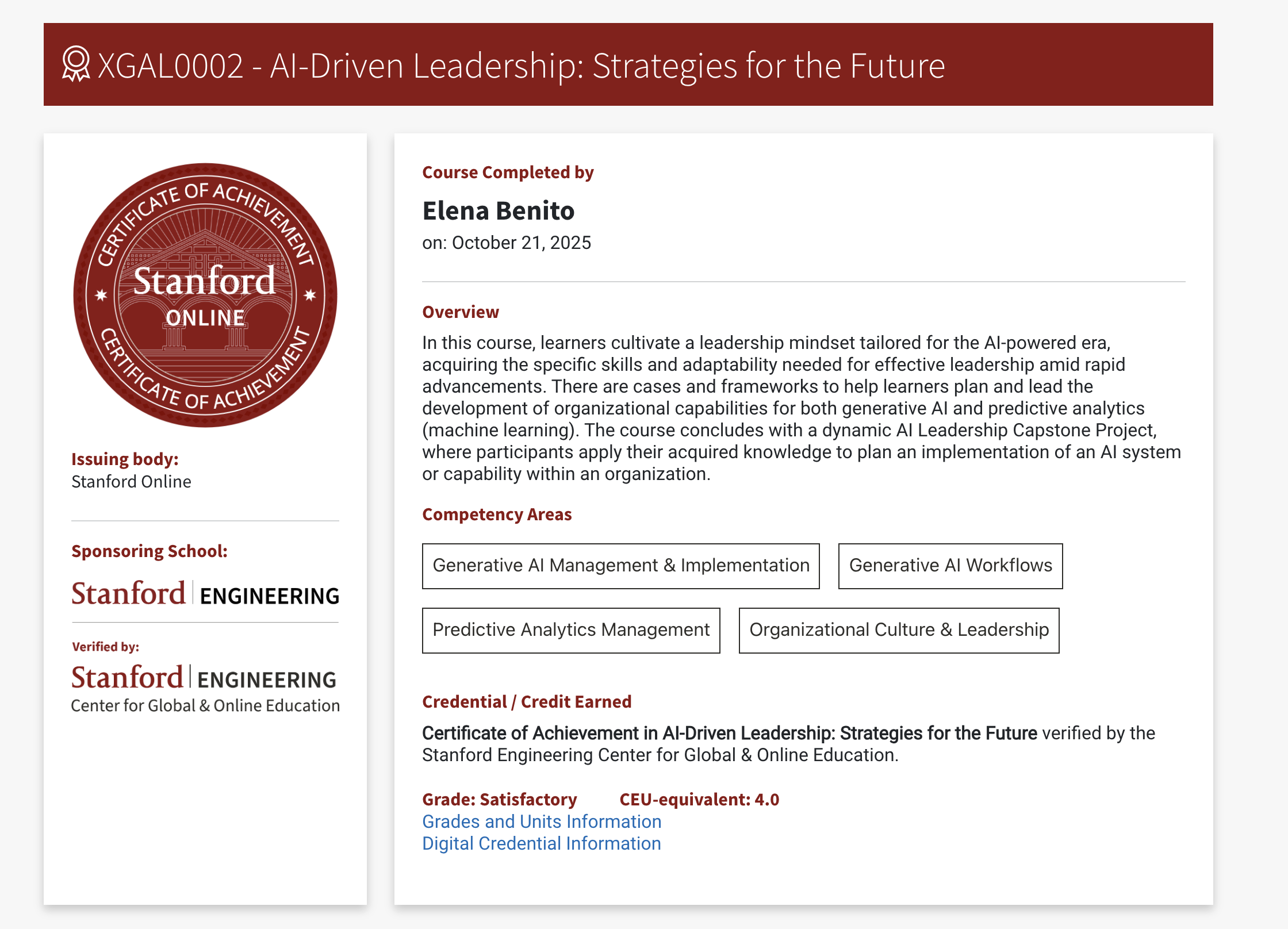 Stanford Online credential - AI-Driven Leadership: Strategies for the Future, completed by Elena Benito Ruiz, October 2025